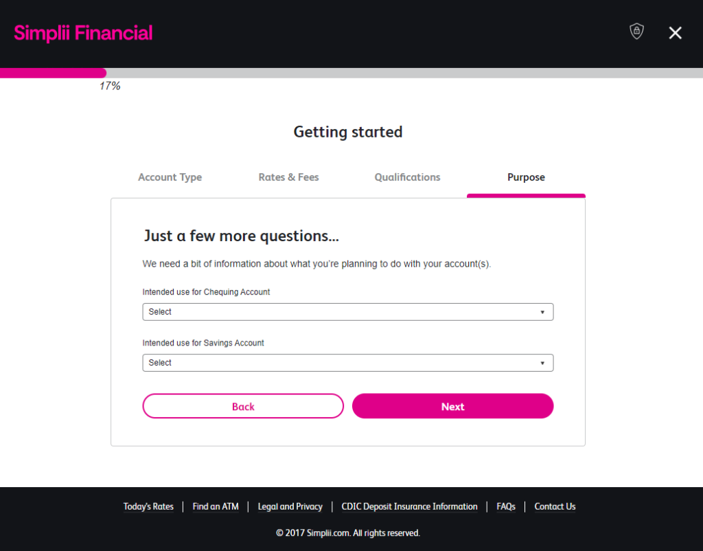 Purpose of account Simplii Financial application
