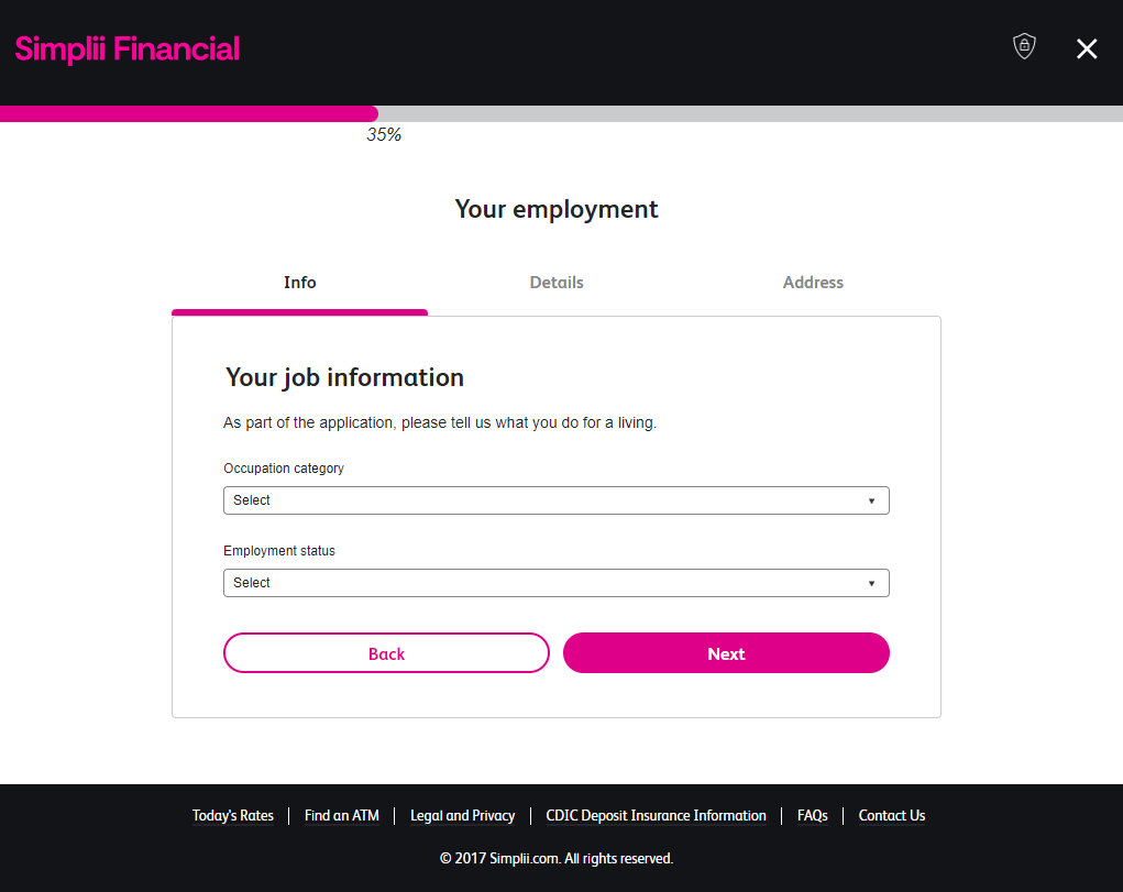 Employment information Simplii Financial application