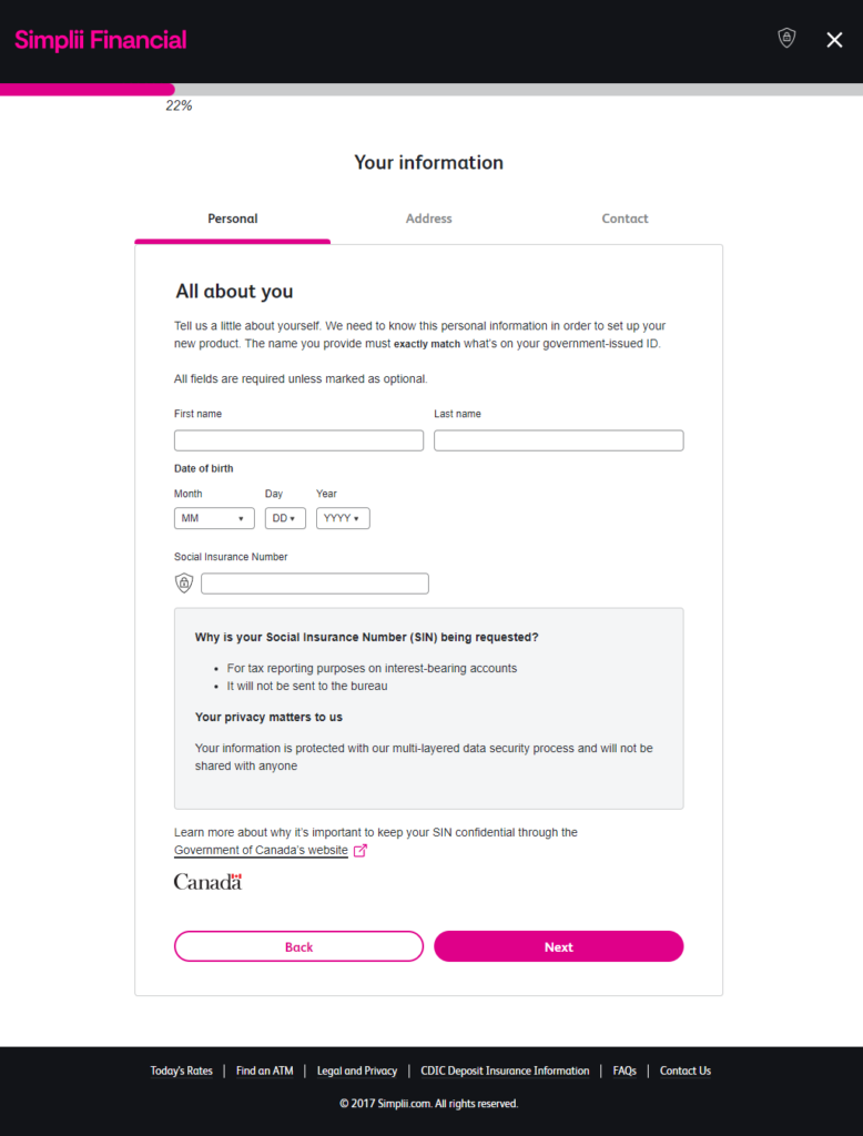 Personal Information Simplii Financial application