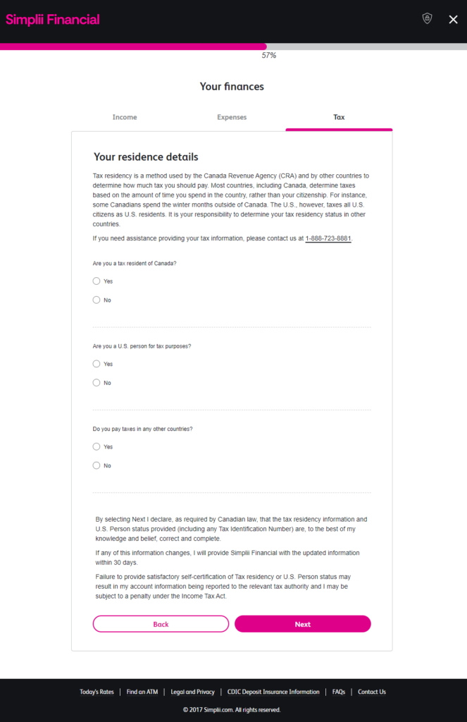 Tax residency Simplii Financial application