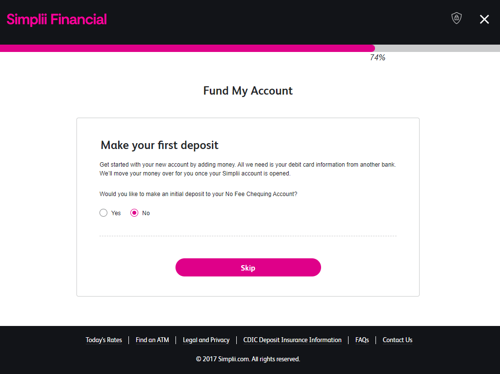 Skip fund account Simplii Financial application